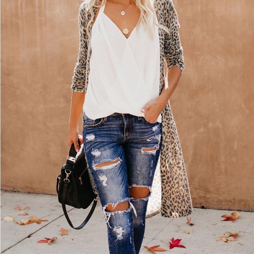 Women Leopard Print Long Sleeve cover up kimono cover up cardigan cheetah print - Picture 2 of 4